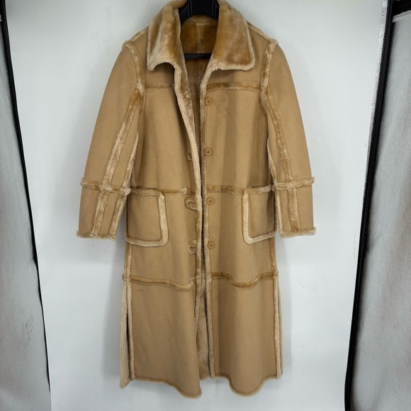 Vintage 90s Y2K Faux Fur Long Line Brown Trend Coat Button Up Teddy Brown Warm - Picture 2 of 15